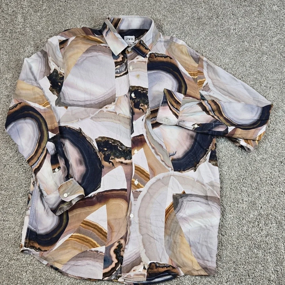 Zara Relaxed Fit Abstract Marble Effect Button Up Shirt Mens Size XL Long Sleeve